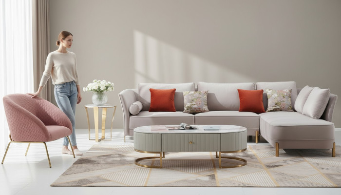 Woonkamer Moderne bank Hoekbank L-vorm Salontafel Hoekbank Bekleding 2-delig Set Nieuw