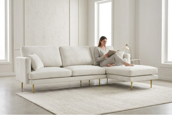 Elegante witte uitstraling voor uw exclusieve designbank in luxe L-vormige stijl.