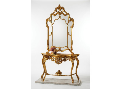 Spiegelconsole in landelijke stijl met spiegelkaptafel en spiegeltafel in goudkleur.