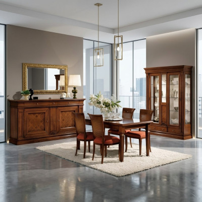 Eetkamer Eettafel Stoelen Dressoir Vitrine Set Meubilair Hout Bruin 7-delig Set