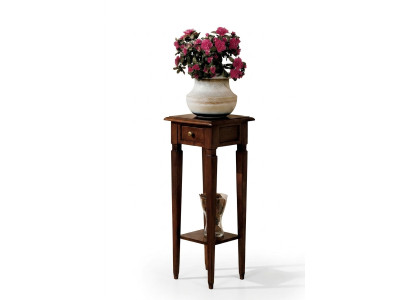 Houten bloemenstandaard in bruin met lade en plank.