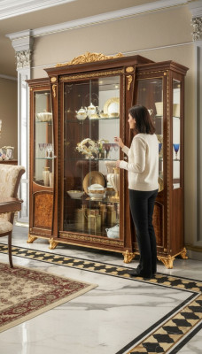 Vitrine Hout Glas Kast Massief hout Dressoir Vitrine Woonkamer Meubels Italië