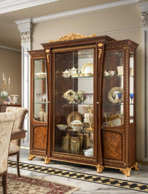 Vitrine Hout Glas Kast Massief hout Dressoir Vitrine Woonkamer Meubels Italië