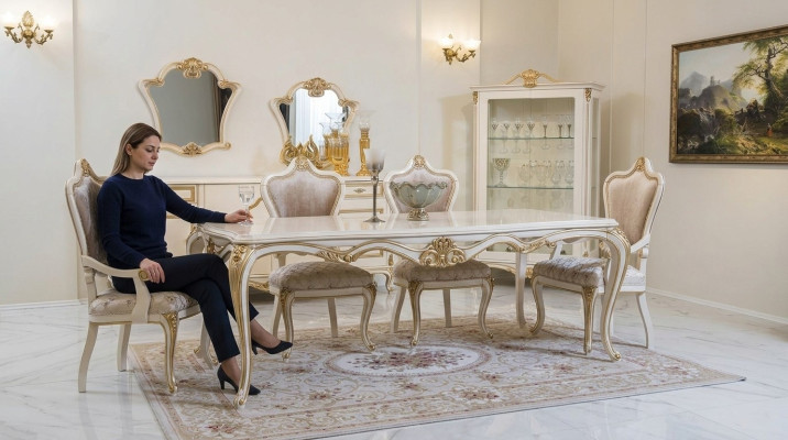 Klassieke eetkamer eettafel vitrine 4x stoel eetgroep commodes 7-delig.