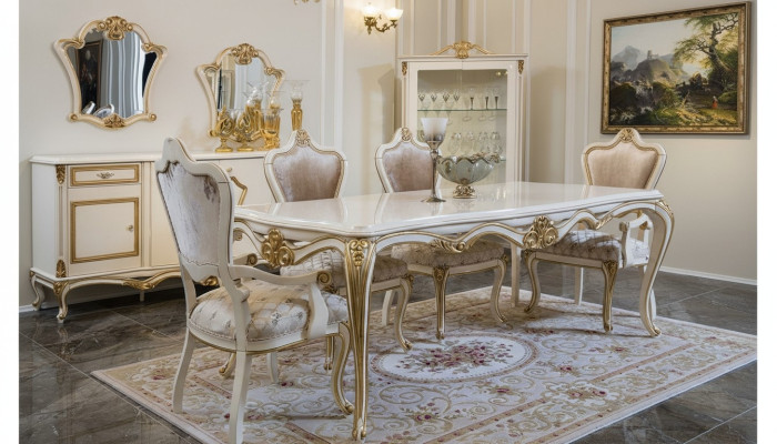 Klassieke eetkamer eettafel vitrine 4x stoel eetgroep commodes 7-delig.