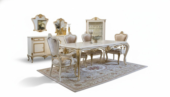 Klassieke eetkamer eettafel vitrine 4x stoel eetgroep commodes 7-delig.