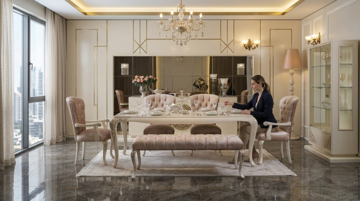 Eetkamer set: tafel, dressoir, 4 stoelen, vitrine, krukje. Nieuw.