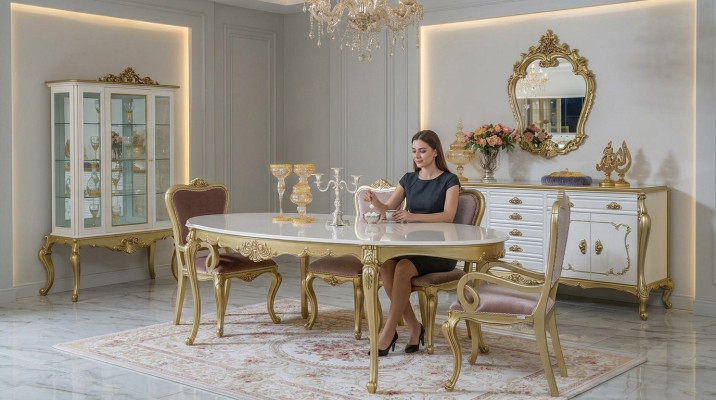 Ontwerp eetkamer set 8-delig eettafel stoel commode vitrine spiegel