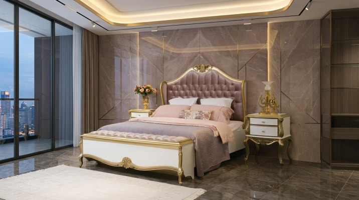Chesterfield bedframe ontwerp gestoffeerd luxe bed slaapkamer bedden roze