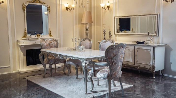 Eetkamer set 7-delig. Eettafel 4x stoelen ladekast spiegel groep garnituur wit nieuw
