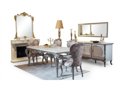Eetkamer set 7-delig. Eettafel 4x stoelen ladekast spiegel groep garnituur wit nieuw