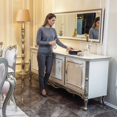 Dressoir Wit Zilver Dressoir Console Commode Italiaanse Stijl 2-delig Spiegel
