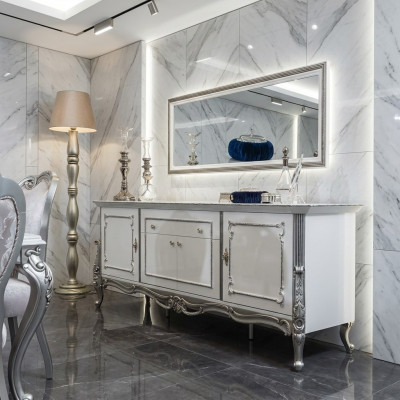 Dressoir Wit Zilver Dressoir Console Commode Italiaanse Stijl 2-delig Spiegel
