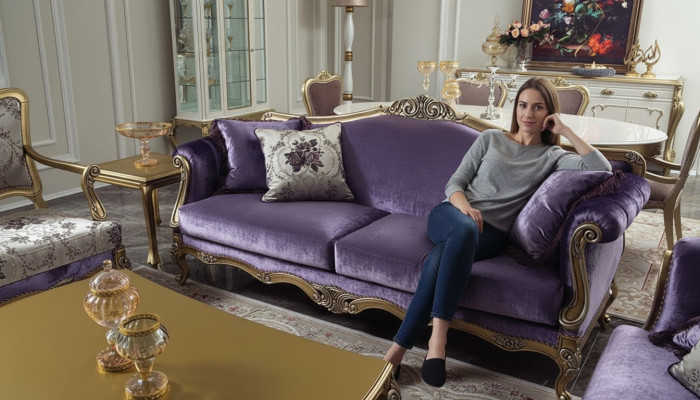 Driedelige bank 3-zits bank Luxe bank Fluweel Barok Rococo Paars