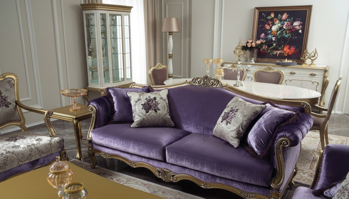 Driedelige bank 3-zits bank Luxe bank Fluweel Barok Rococo Paars