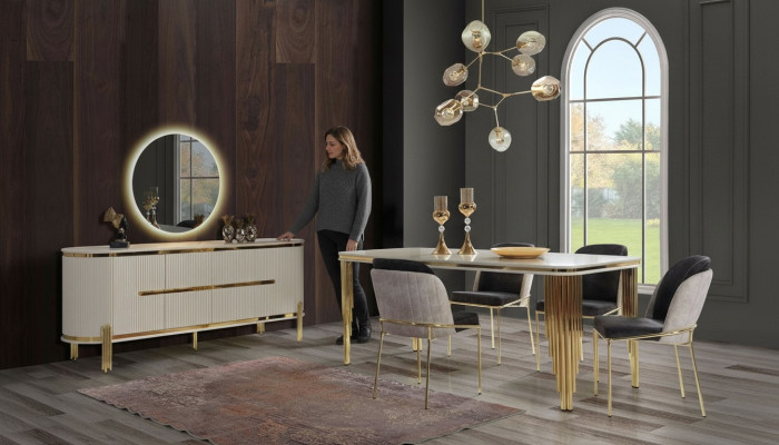 Metaal meubilair eetkamer set tafel stoel commode eetkamerset stoelen 6-delig.