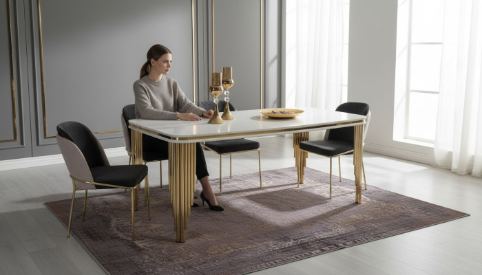 Eetkamerset Luxe eettafel 4x stoelen Eetgroep Tafel roestvrij staal Compleet set 5-delig