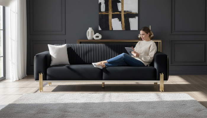 Driepersoons bank meubels fluweel ontwerper goud metaal gestoffeerde moderne banken nieuw