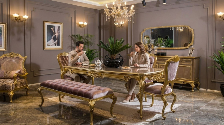 Klassieke eetkamerset tafel stoel set dressoir spiegel kruk 6-delig