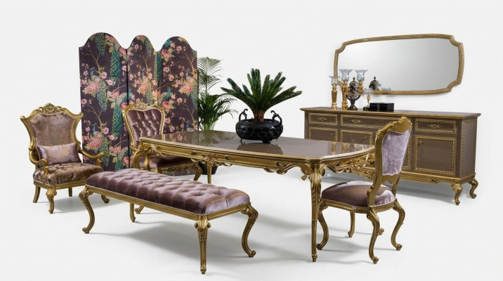 Klassieke eetkamerset tafel stoel set dressoir spiegel kruk 6-delig