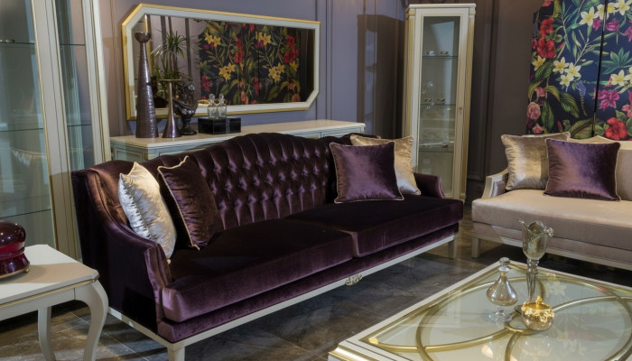 Lila Chesterfield barok meubels driezitsbank stof bank nieuw