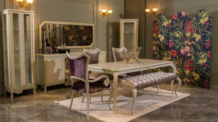 Ontwerp eetkamerset 8-delig Eettafel Stoel Commode Vitrine Kruk Hout