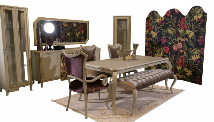 Ontwerp eetkamerset 8-delig Eettafel Stoel Commode Vitrine Kruk Hout
