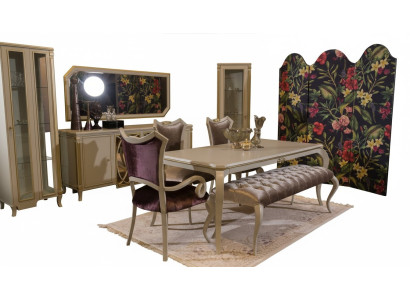 Ontwerp eetkamerset 8-delig Eettafel Stoel Commode Vitrine Kruk Hout