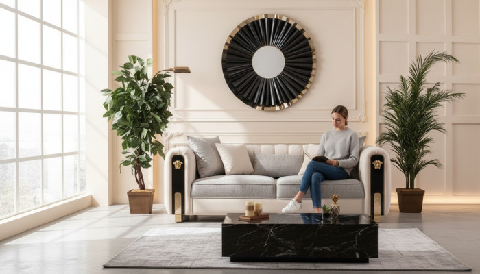 Luxe gestoffeerde 3-zitsbank in beige in eigentijdse stijl