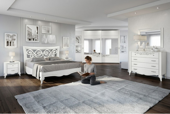 Set 6-delige slaapkamer Bed Nachtkastje Kledingkast Commode Spiegel Set