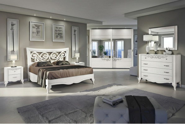 Set 6-delige slaapkamer Bed Nachtkastje Kledingkast Commode Spiegel Set