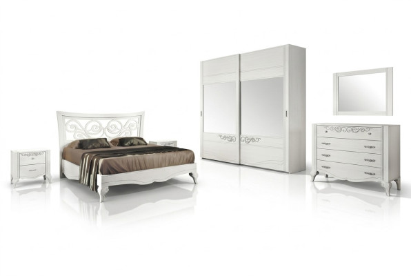 Set 6-delige slaapkamer Bed Nachtkastje Kledingkast Commode Spiegel Set