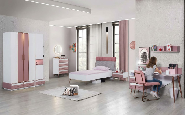 Compleet kinderkamer jeugdkamer set tafel bed kast commode 5-delig.