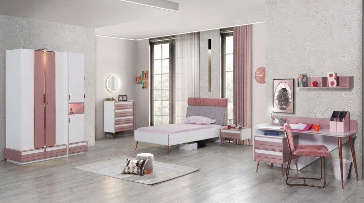 Compleet kinderkamer jeugdkamer set tafel bed kast commode 5-delig.