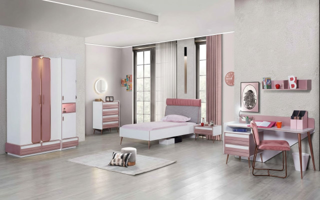 Compleet kinderkamer jeugdkamer set tafel bed kast commode 5-delig.