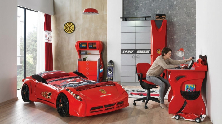Kinderkamer Auto set Bed Kledingkast Commode Bureau Jongensmeubels 4-delig