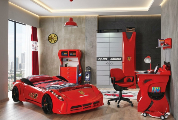 Kinderkamer Auto set Bed Kledingkast Commode Bureau Jongensmeubels 4-delig