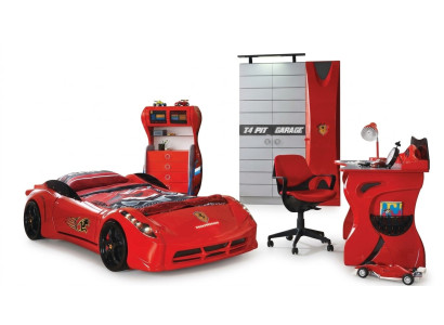 Kinderkamer Auto set Bed Kledingkast Commode Bureau Jongensmeubels 4-delig