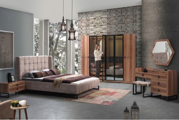 Slaapkamer set 5-delig luxe bed 2x nachtkastje commode kledingkast hout nieuw