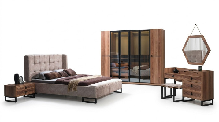 Slaapkamer set 5-delig luxe bed 2x nachtkastje commode kledingkast hout nieuw