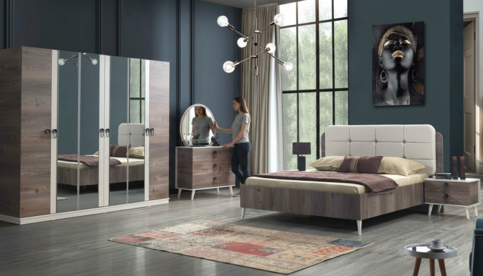 Volledige slaapkamer Bed Bank Kaptafel Kledingkast Nachtkastje 5 delen.