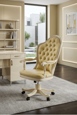 Bureau stoel hout directiestoel Chesterfield Italiaanse meubels wit draaibaar wit nieuw.