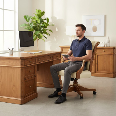 Bureaustoel hout directiestoel Chesterfield Italiaanse meubels wit draaistoel nieuw