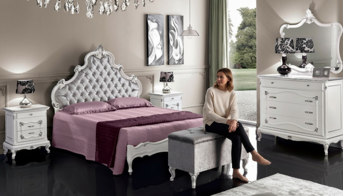 Klassieke meubels 6-delig slaapkamer set Bed 2x Nachtkastjes Krukje Ladekast Spiegel