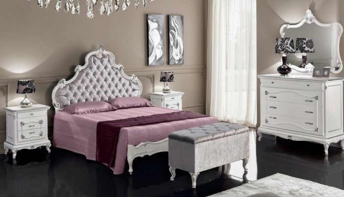 Klassieke meubels 6-delig slaapkamer set Bed 2x Nachtkastjes Krukje Ladekast Spiegel
