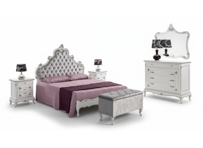 Klassieke meubels 6-delig slaapkamer set Bed 2x Nachtkastjes Krukje Ladekast Spiegel