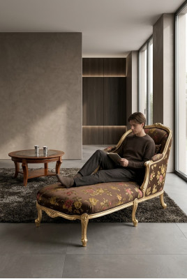 Klassieke chaise longue + salontafel goud bloemen ligbed Italiaanse meubels tafel