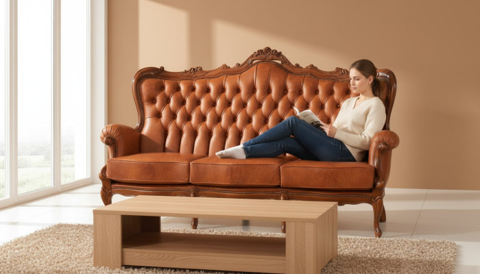 Luxe 3-zitsbank van bruin leer in art-decostijl.