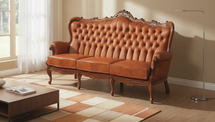 Luxe 3-zitsbank van bruin leer in art-decostijl.