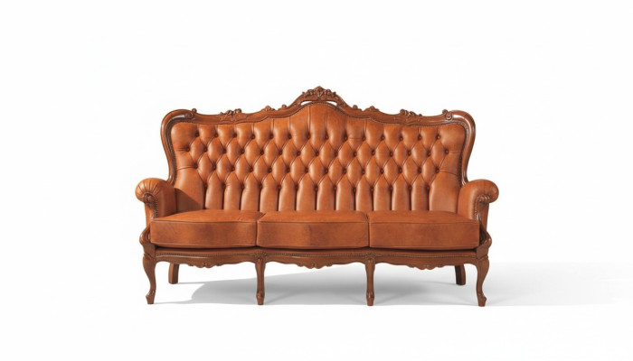 Luxe 3-zitsbank van bruin leer in art-decostijl.